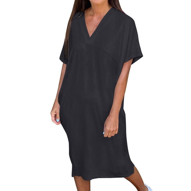 Liquidation d'Été 2025! Robe Grande Taille pour Femmes, Liquidation de Robe d'Été pour Femmes, Robe Décontractée Unie Col en V Manches Courtes
