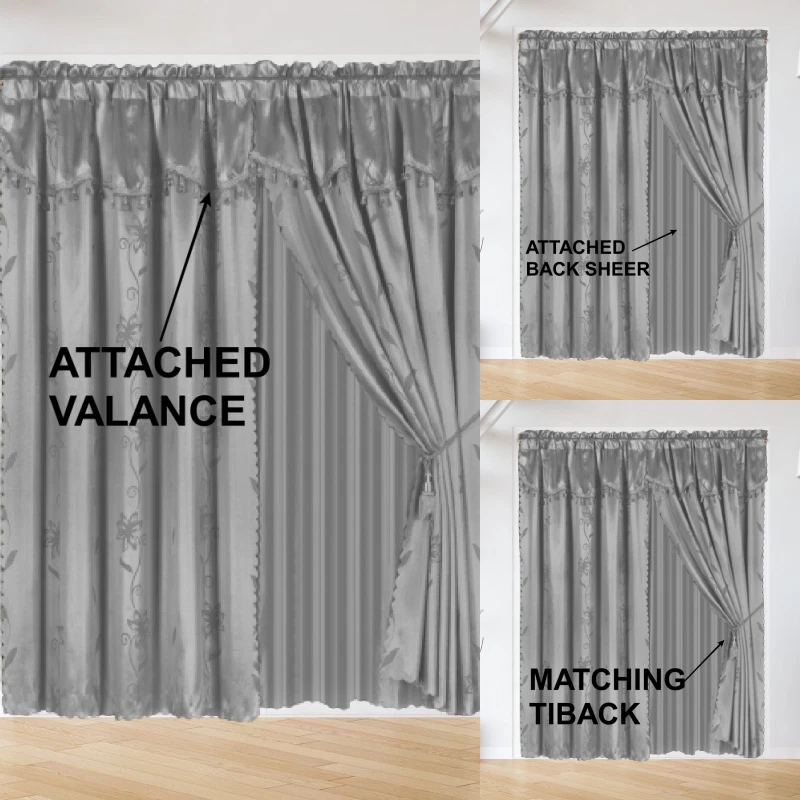 Gorgeous Home Linen 2pc Window Curtain Set 120" W X 84" L Attached Valance and Backing Sheer with 2 Tassels Rod Pocket Drape Leaf Printed Brown