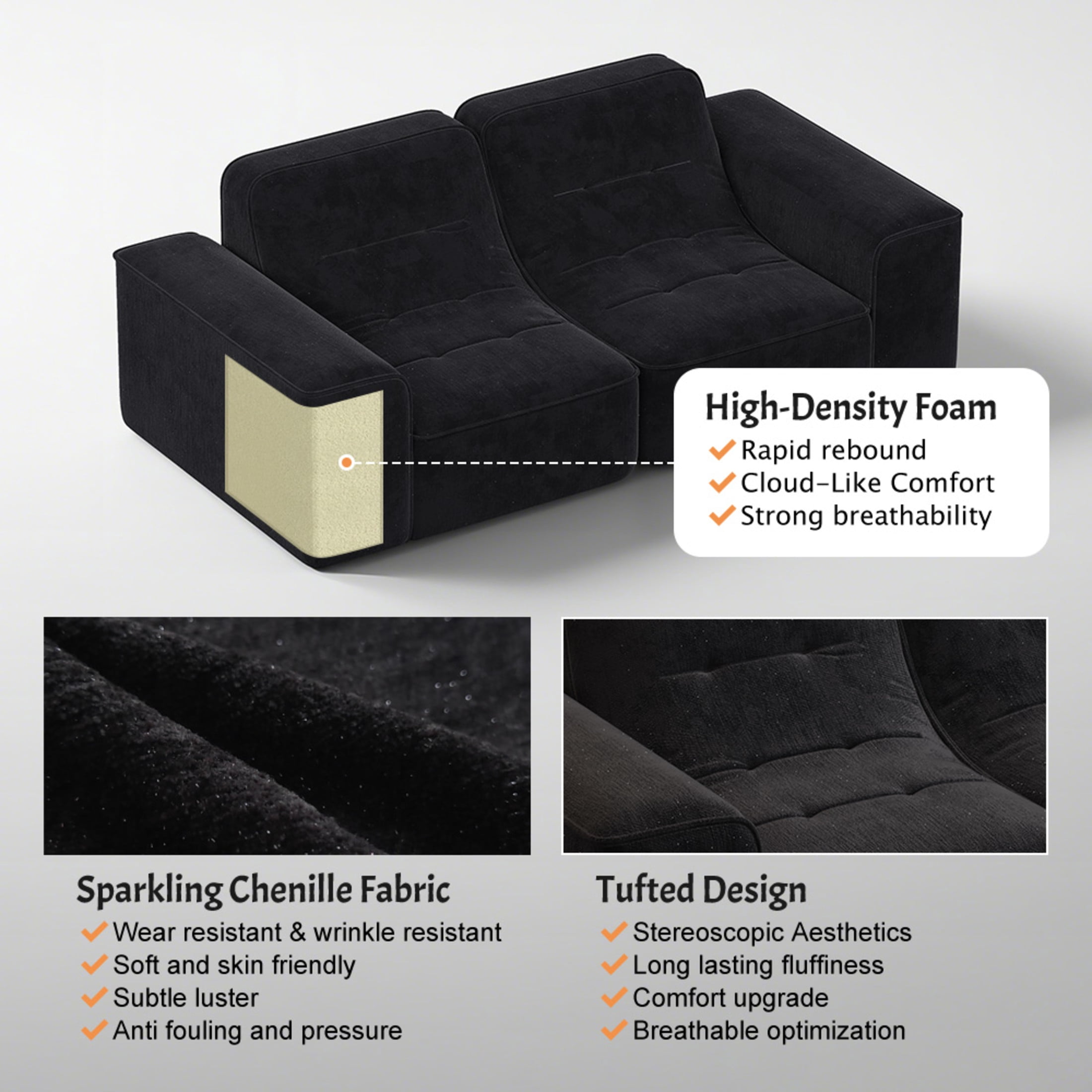 Noble House 84" Modular Sectional 3-Seater Sofa, Tufted Sparkling Chenille Deep Seat Couch, Living Room, Black