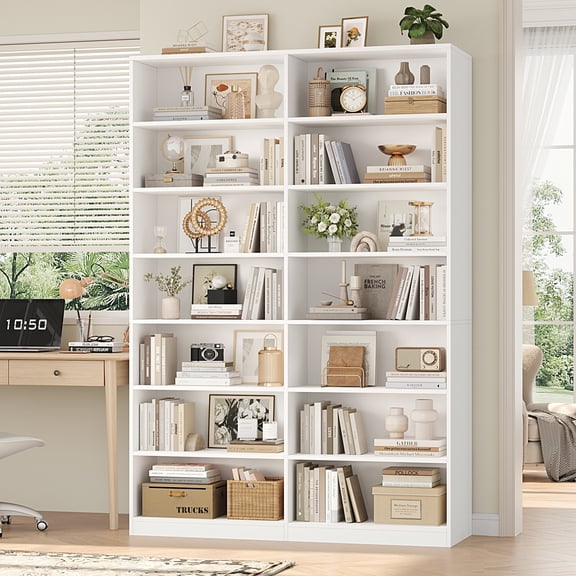 Hiphuta 84" Tall Double Wide 7-Tier Bookcase with 14 Cubes, Large Open Bookcase for Home Office and Living Room, Freestanding Display Book Shelves, White