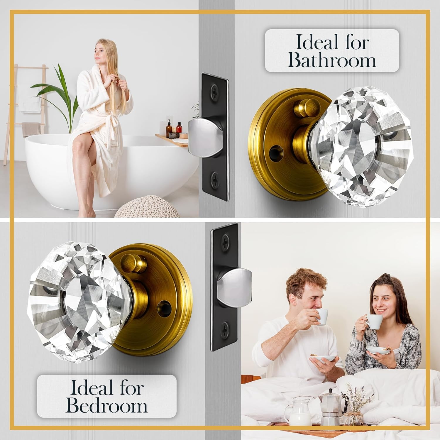 Balin Designs Crystal Doorknobs (Antique Crysta Clear) - Decorative Hardware Interior and Exterior Keyless Privacy Door Lock for Bathroom, Bedroom, or Other Doors, Antique Brass Gold Bronze (1 Pack)