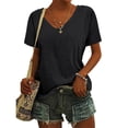 thumbnail image 4 of Women's Retro V Neck T-Shirt, Short Sleeve Loose Fit Casual Top, Solid Color Basic Tee for Daily Wear, Summer Casual Outfits and Streetwear Fashion-Black, 4 of 9