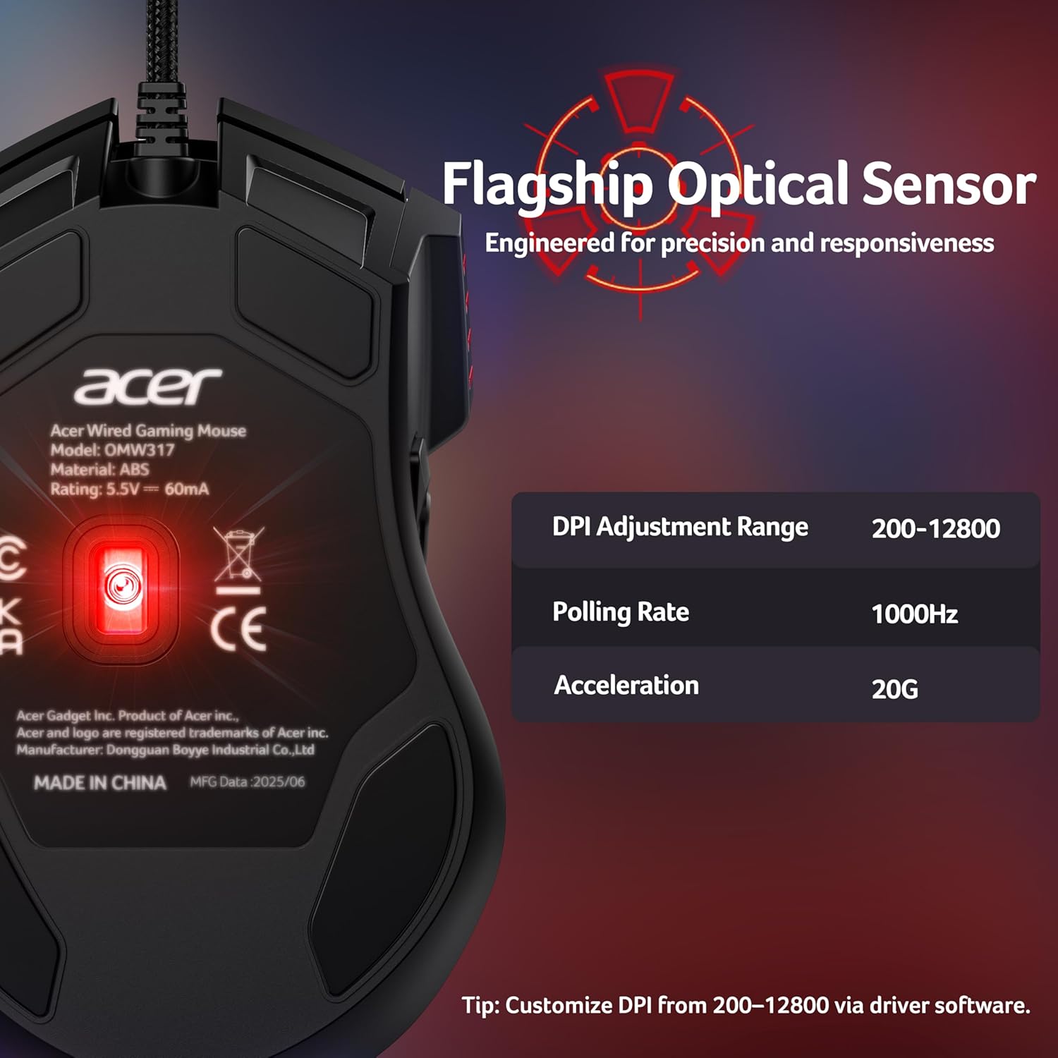 acer Wired Gaming , 12,800 DPI RGB Ergonomic Computer with Optical Sensor, 8 Programmable Buttons, 12 Backlit Modes, Software for DIY Keybinds, Rapid Fire, USB Gaming Mice for Laptop, PC