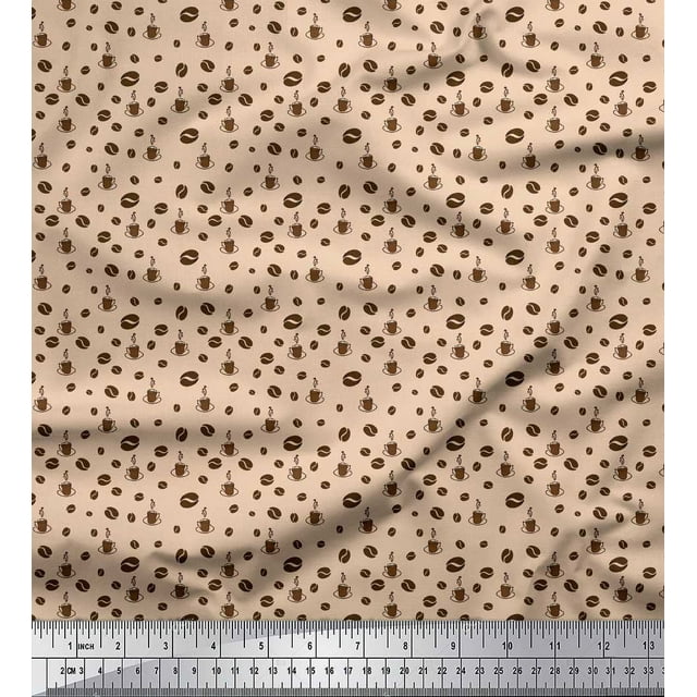 Soimoi Silk Fabric Coffee Beans & Coffee Beverages Print Fabric by Yard 42 Inch Wide
