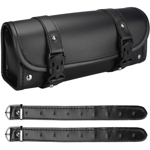 Motorcycle Tool Bag, Motorcycle Fork Bag PU Leather Universal Saddlebag Front Fork Handlebar Sissybar Storage Roll Pouch for Sportster, Scooter (Large, Black)