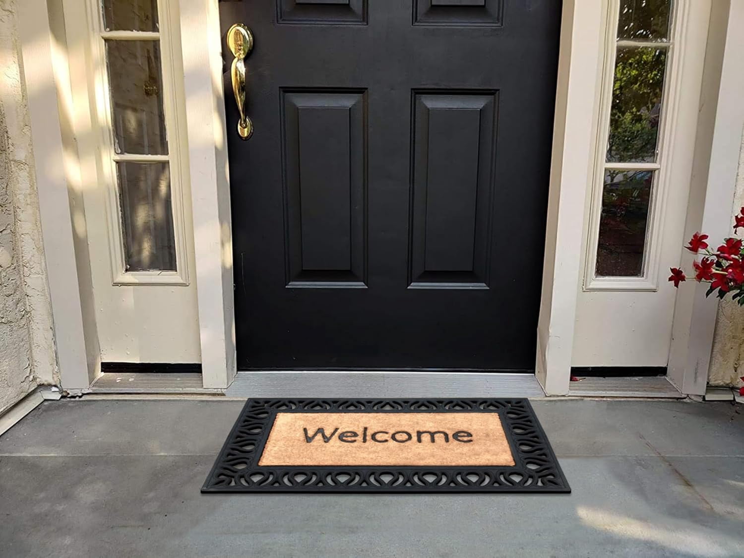 A1HC Rubber and Coir Paisley Border Beautifully Design Welcome Doormat for Outdoor Indoor Entrance Mat 18"X30", Black/Beige
