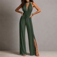 thumbnail image 4 of TOUMENY Fall Jumpsuits for Women Wide Leg High Waist Ruched Drawstring Jumpsuit V Neck Sleeveless Bohemian Loose Romper Green L, 4 of 6