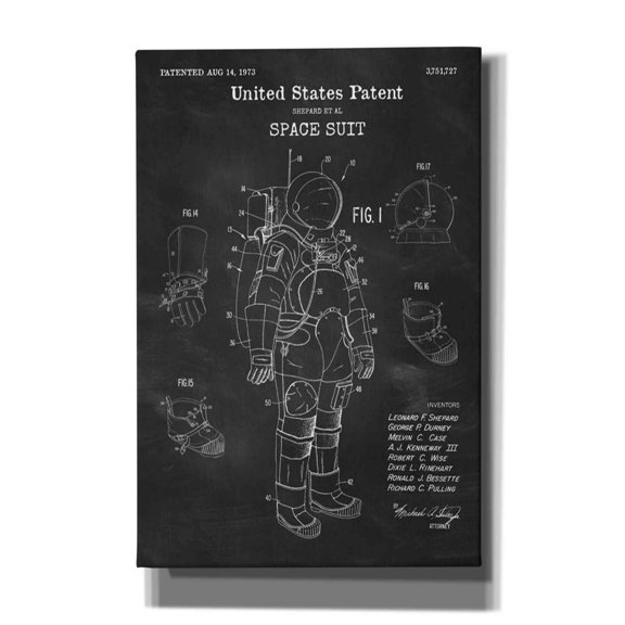 Epic Graffiti "Space Suit Blueprint Patent Chalkboard" Giclee Canvas Wall Art, 12"x18"