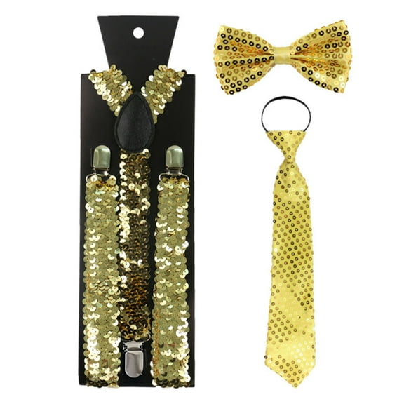 Mens Womens Solid Sequins Bowtie Necktie and Classic Shirts Suspender Set Halloween Christmas Party Costume