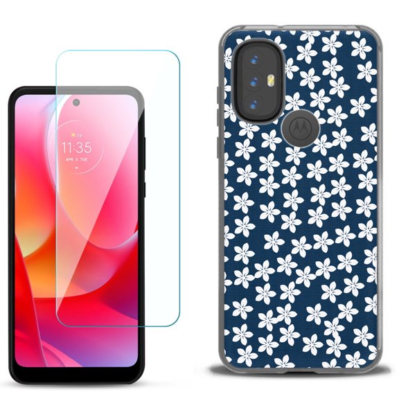 Slim-Fit Gel TPU Phone Case for Motorola Moto G Power 2022, with Tempered Glass Screen Protector, by OneToughShield ® - Flower/Blue