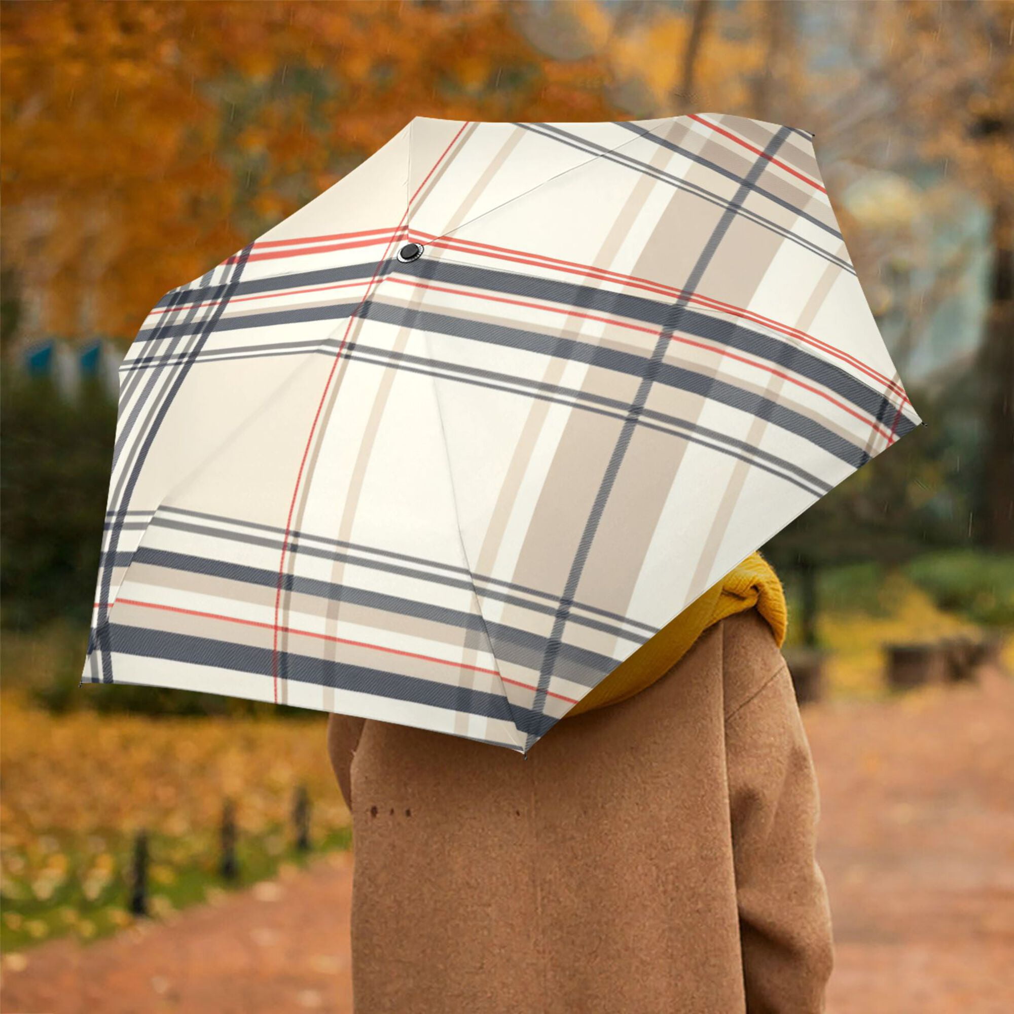 FORMRS Travel Umbrella Folding Auto Open Close Windproof Rain UV Protection, Beige Plaid Pattern