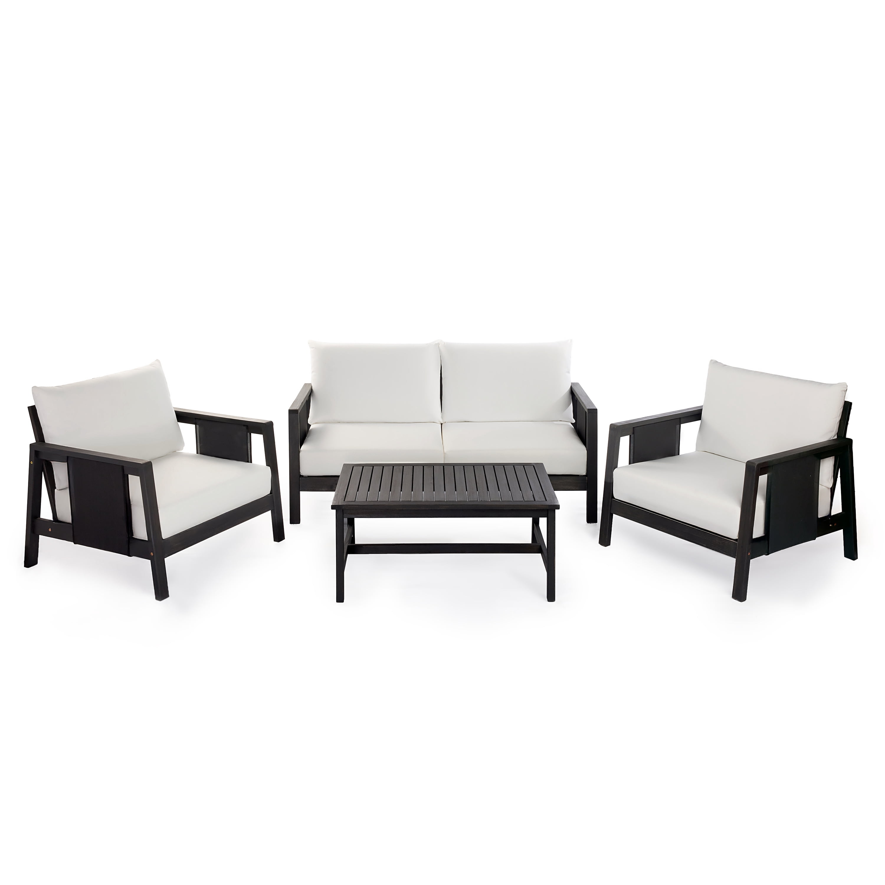 Club Chair, Outdoor Acacia Wood Frame Chair with Black Textilene Accents Water-Repellent White Cushions, Dark Grey