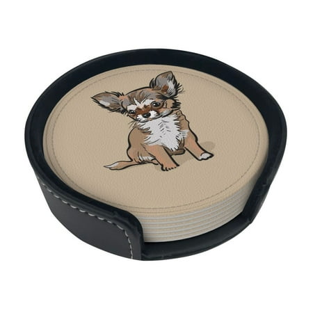 

Round Pu Leather Coaster Small Chihuahua Dog Puppy Heat - Resistant Beverage Cup Mat-Fancy Decor For Kitchen Office Dining Room Table - Drink Protector 6-Slice