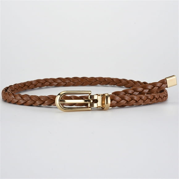 Women Braided PU Leather Narrow Thin Buckle Strap Waist Belt All Waistband Belt mens belt Brown