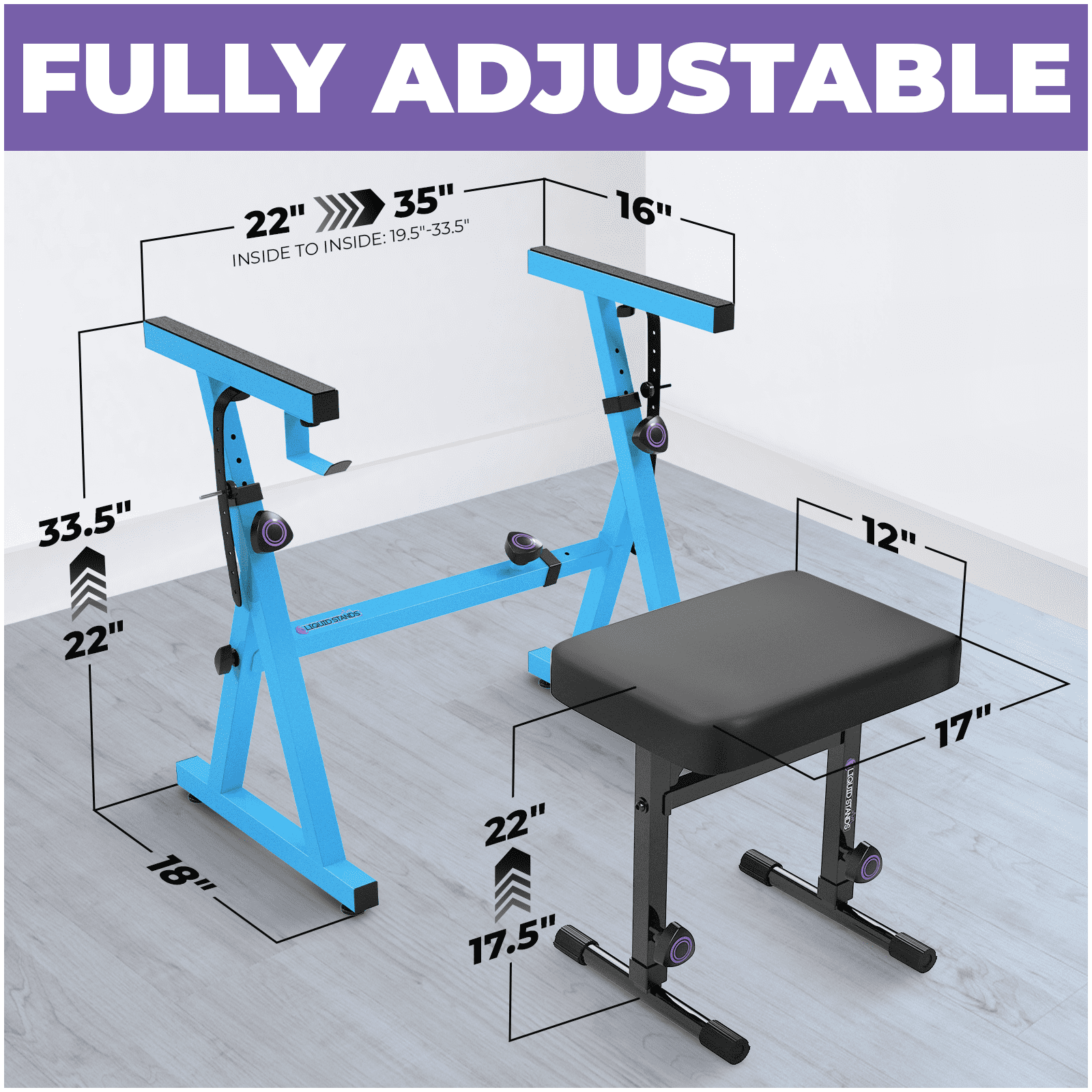 Liquid Stands Portable Heavy Duty Digital Piano Keyboard Stand & Bench Set - Adjustable Keyboard Music Stand & Seat for 54-88 Key Electric Pianos (Light Blue)