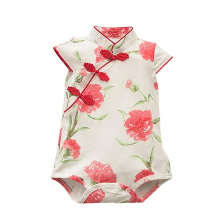 

EHTMSAK Infant Baby Toddler Girl Chinese Style Cheongsa Floral Bodysuit and Set Short Sleeve Clothing Set Outfits Summer Red 6M-18M 80