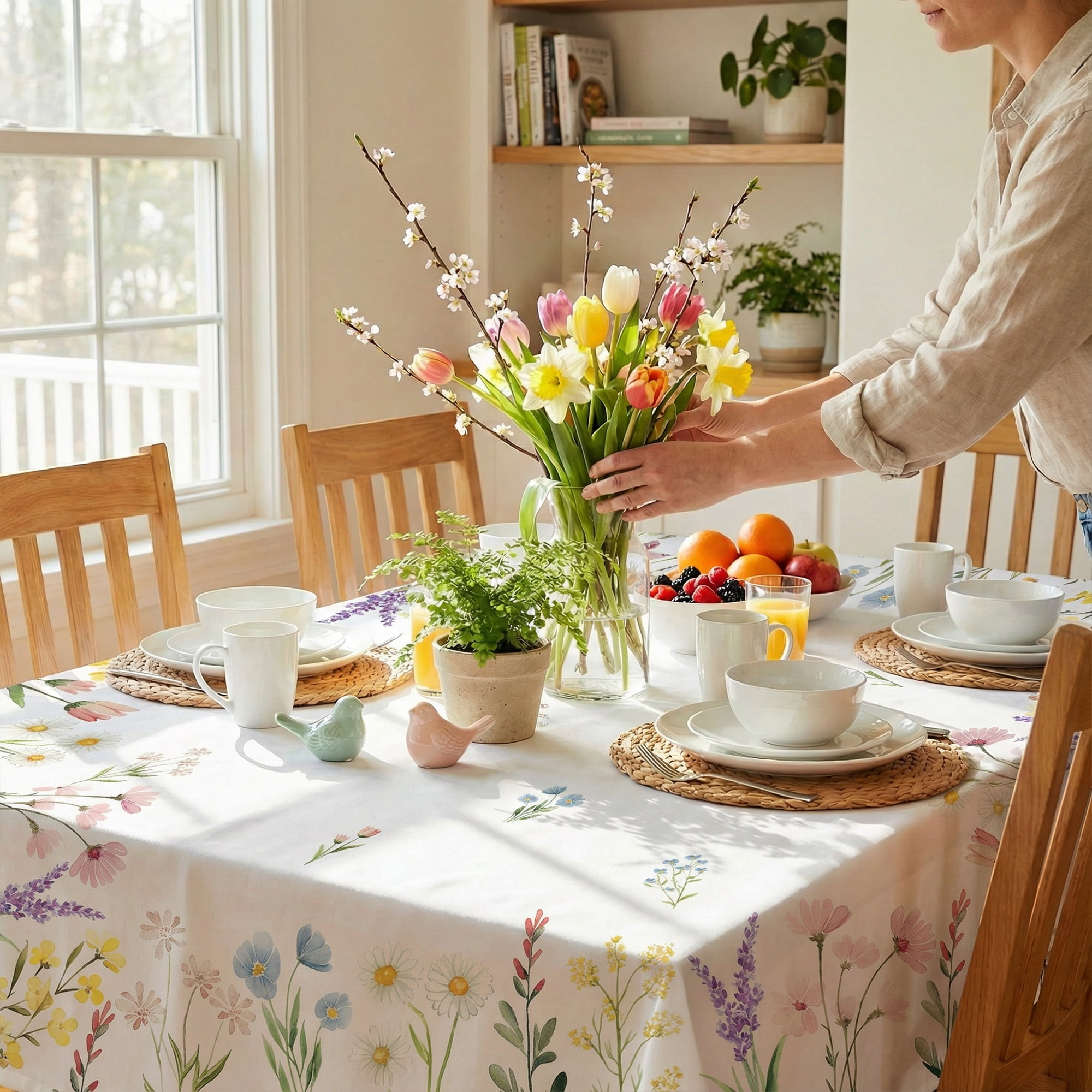 Sm:)e Blooming Floral Wild Flowers Spring Tablecloth 60 x 84 Inch Seasonal Rectangle Washable Table Linen Holiday Table Cover for Home Kitchen Dinner Decor