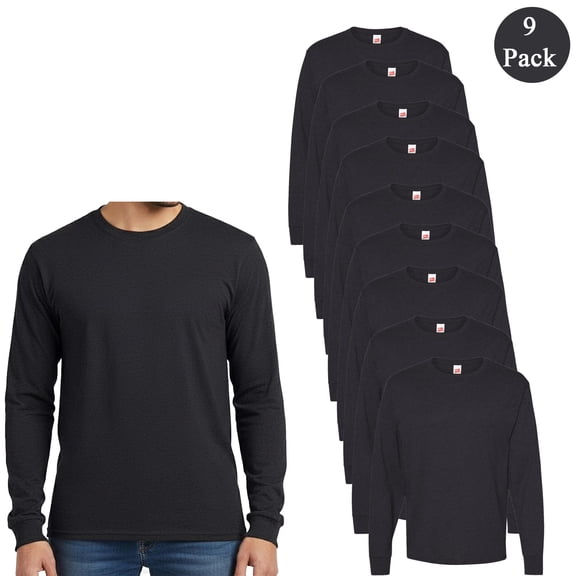 Hanes Essential Long Sleeve T-Shirt for Men, Charcoal Heather Classic Fit Crewneck Tee, 9 Pack, S