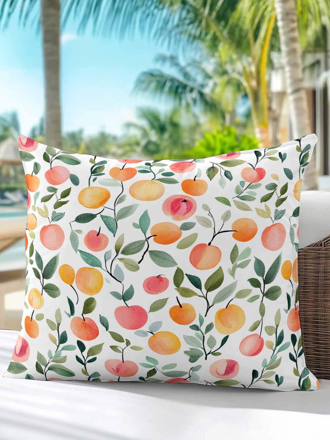Outdoor Pillows Waterproof, Summer Fruits Bedding Throw Pillows with Insert for Couch Sofa Bed, Orange Peach Green Botanical Spring 18x18 Inch Pillowcases Decorative Camping Patio Pillow Set of 1