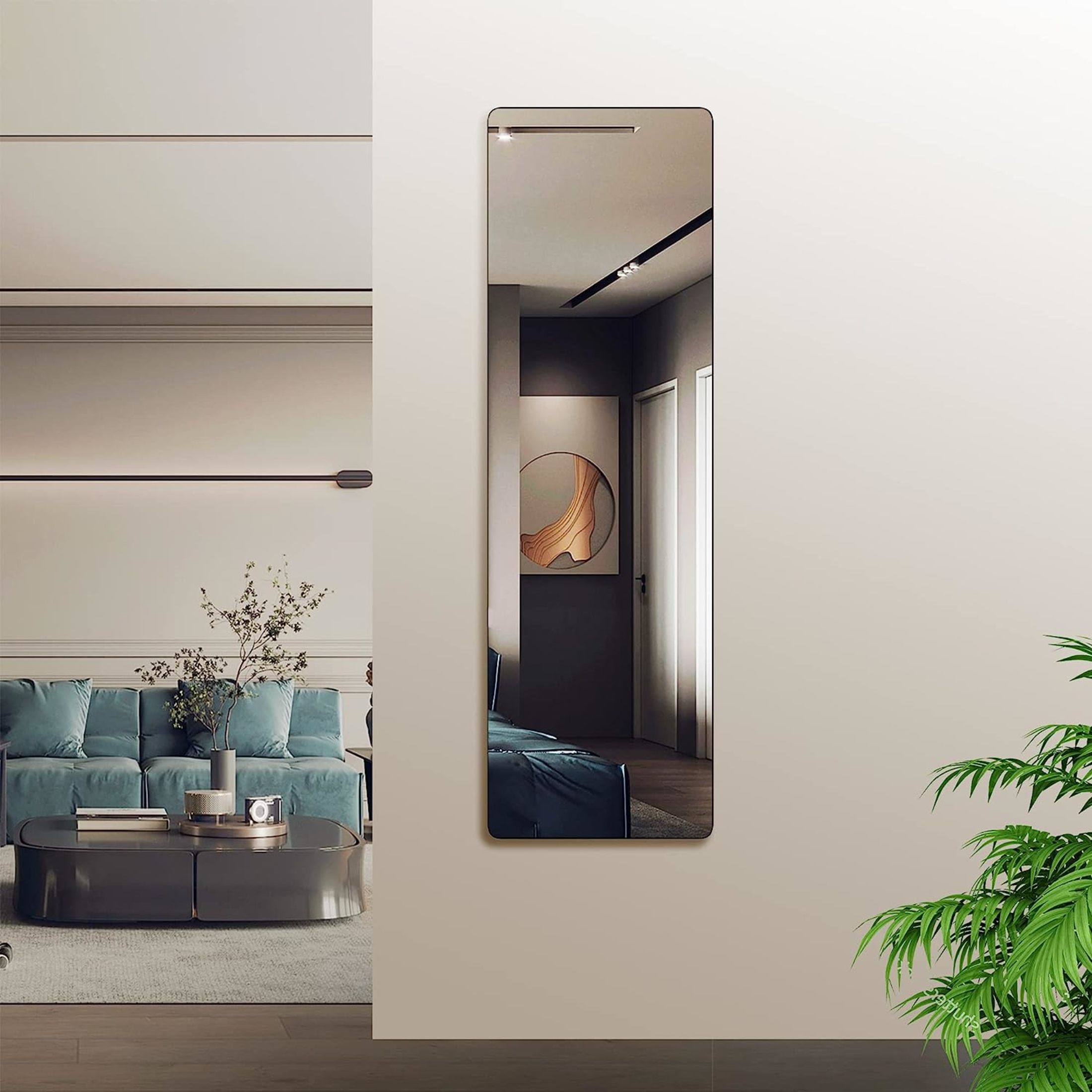 Noble House 47"x14" Rectangular Door Mirror, Aluminum Alloy Frame, HD Shatterproof Glass, Black
