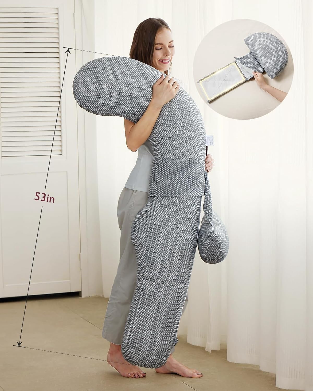 Pregnancy Pillow,Original F Shaped Maternity Pillow for Pregnant Women with Adjustable Wedge Pillow, Full Body Support Pregnancy Pillows for Side Sleeping with Velvet Cover, Light Grey