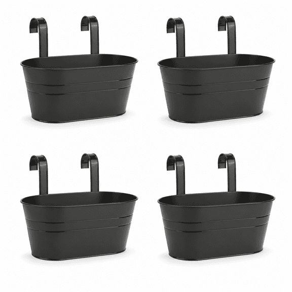 PLERISE 4pcs Metal Iron Hanging Flower Pots, Wall Planter with Detachable Hooks, for Indoor/Outdoor, Railing Fence Balcony Garden Home Decoration
