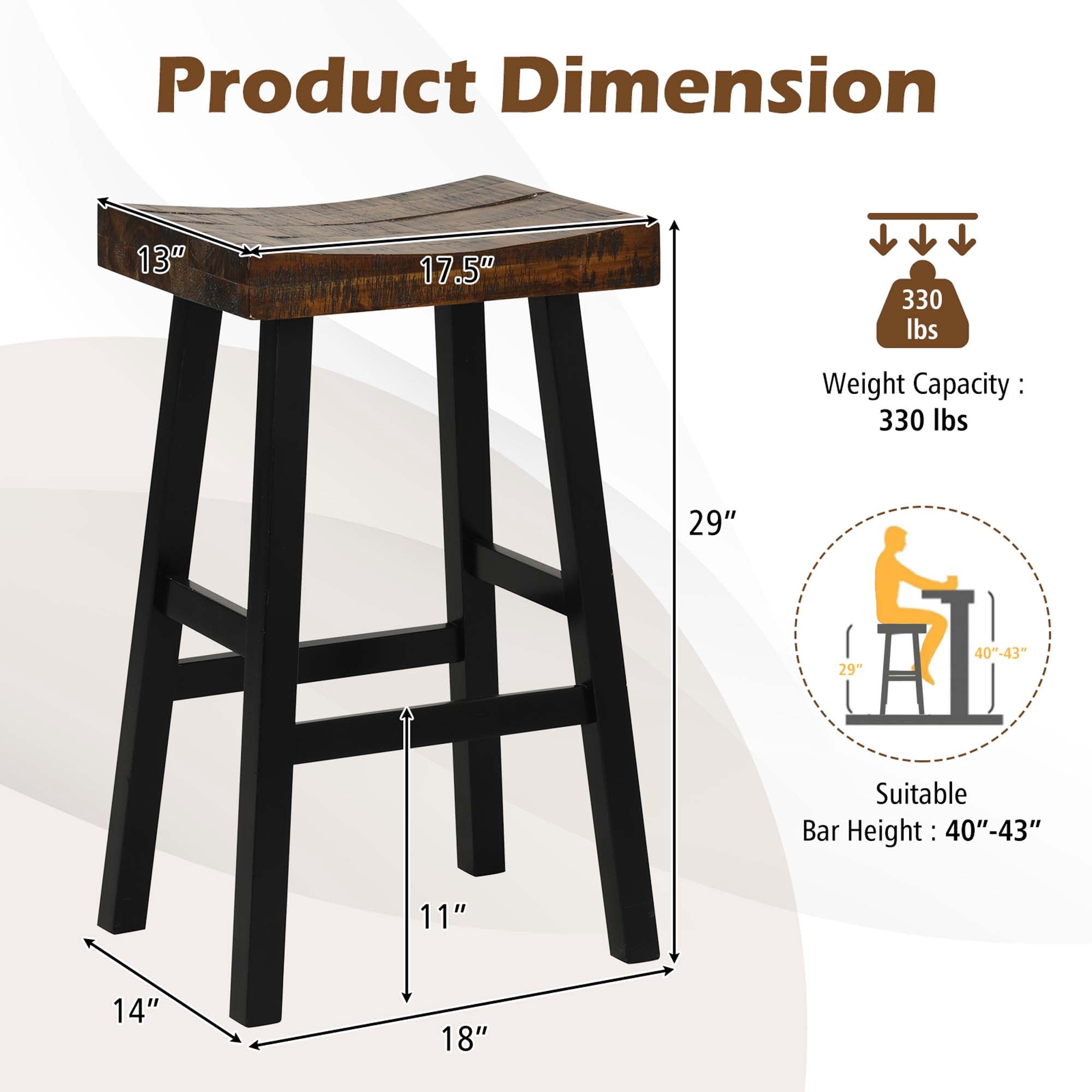Costway 29" Bar Stool Set of 2 Bar Height Solid Wood Curved Saddle Seat Footrest