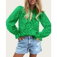 thumbnail image 4 of PRETTYGARDEN Women's Dressy Casual Blouse Tops Fall Puff Long Sleeve Button V Neck Hollow Out Lace Embroidered Shirts, 4 of 7