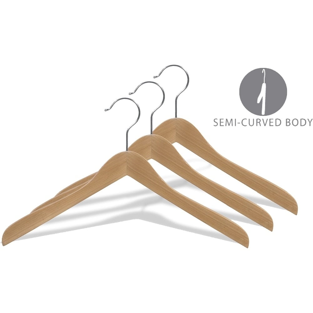 Wooden Concave Top Hanger, Box of 12 Curved Thick Coat Hangers w/ Natural Finish & Chrome Swivel Hook for Jackets or Fine Shirts or Coats by International Hanger
