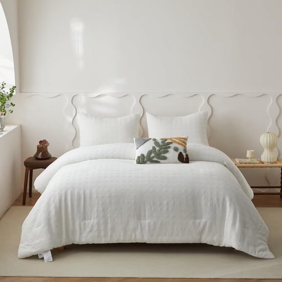 Simple&Opulence 100% Cotton Waffle Weaving Comforter Set-3 Pieces Bedding Set(1 Comforter and 2 Pillowcases), Lightweight Soft Breathable Comforter Bed Sets for All Season(White, King)