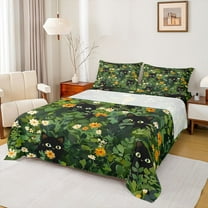 Feelyou Kawaii Black Cat Bed Sheets for Teens, Green Garden Plant King Sheets, Cartoon Animal Sheet Set, Super Cozy Room Decor, 4-Piece