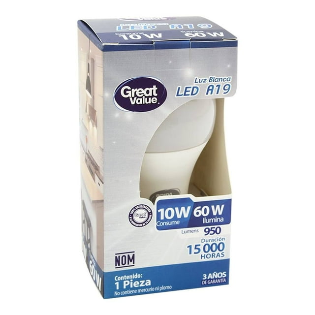 Foco LED Tipo A19 Great Value Luz Blanca 10 W