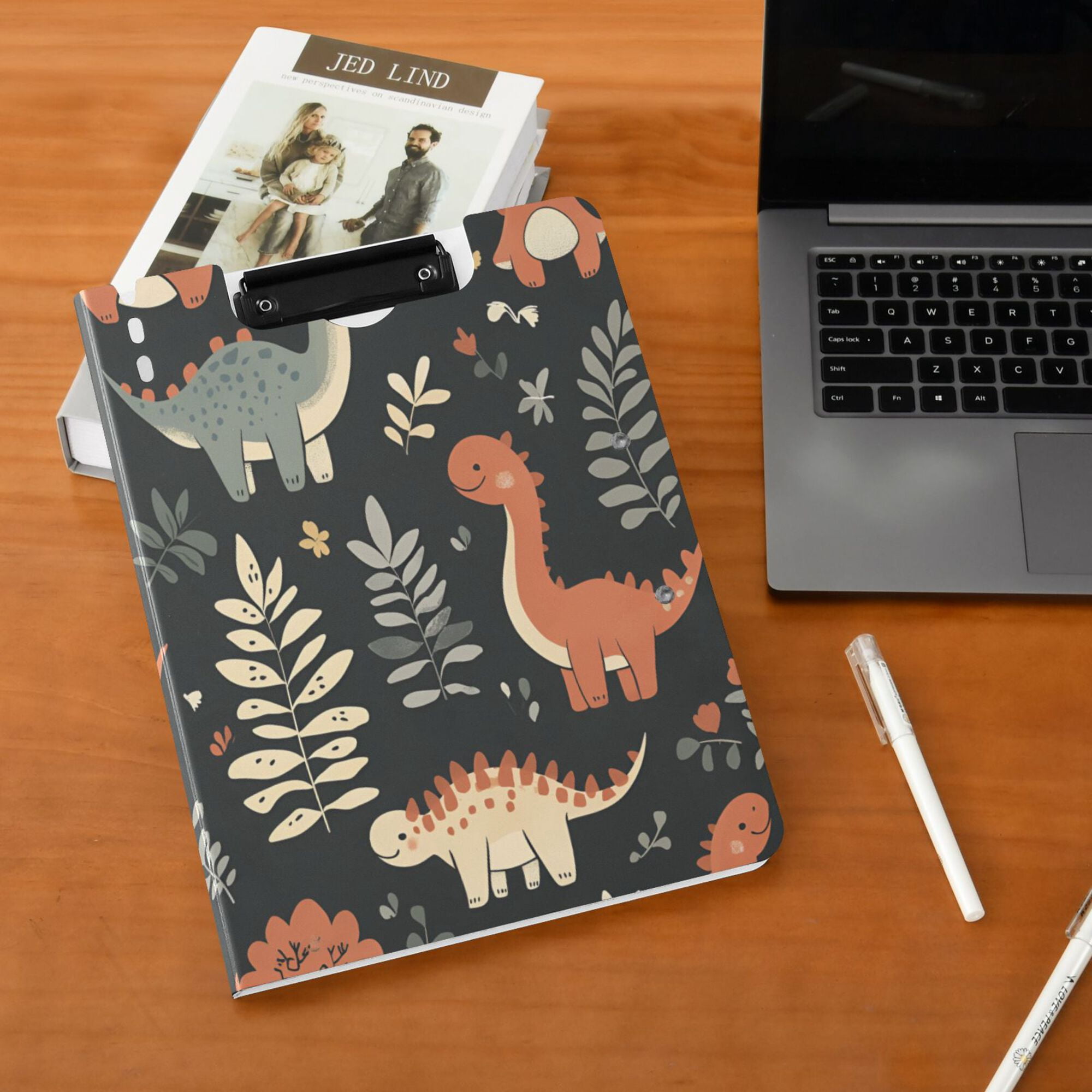FORMRS A4 Clipboard Folder with Pen Holder Horizontal Foldable School Office Binder, Gray Dinosaur