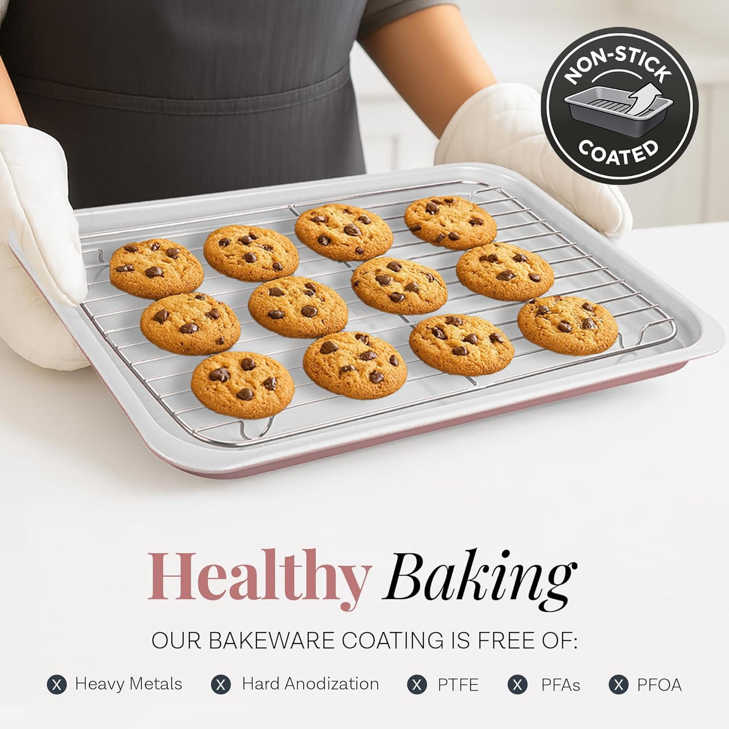 Gotham Steel 6 Pc Stackable Baking Pans Set Non Stick, 70% Space Saving Design, Nonstick Ceramic Bakeware Sets Non Toxic, with Baking Sheet Tray, Cake & Muffin Pans, Oven & Dishwasher Safe, Mauve