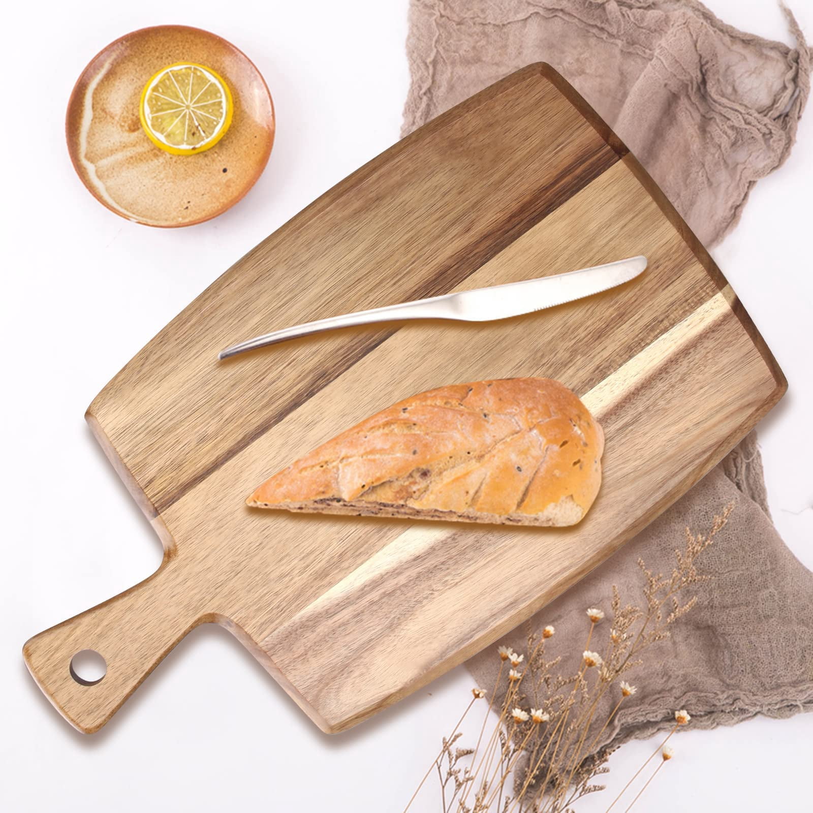 Wood Board With Handle Wooden Charcuterie Kitchen Chopping Boards For Bread Meat Fruit Cheese Serving Butcher Block Carving  17" X 10"