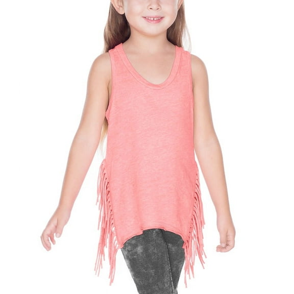 GJP0666 Girls 7-16 Sheer Jersey Asymmetrical Side Fringe Tank-Flamingo-L
