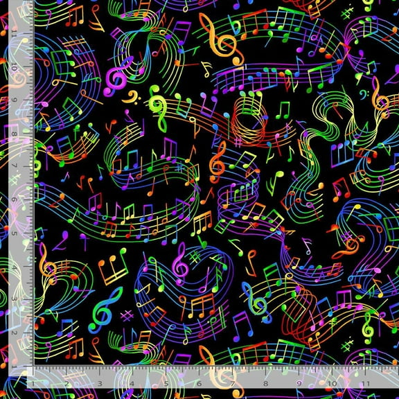 Cotton Tossed Painted Guitar Rainbow Colorful Bright All Over on Black Timeless Treasures Cotton Fabric Print by the Yard (MUSIC-CD3675)