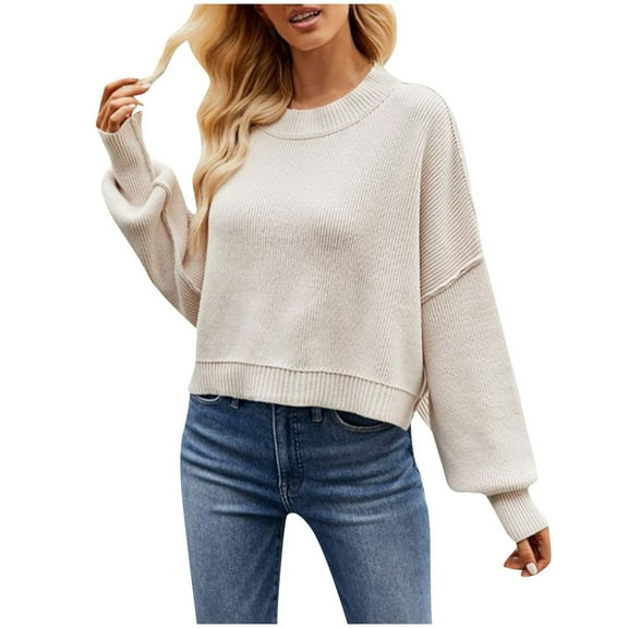 XuJwPNcy Women's Cropped Sweaters Long Sleeve Round Neck Soft Pullover Sweater Tops Trendy Solid Tops