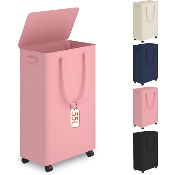 Slim Laundry Hamper with Wheels,15 Gal (55L) Rolling Laundry Basket with lid and wheels Clothes Hamper Foldable Tall Dirty Clothes Basket Sturdy Collapsible Clothes Hamper for Dorm,Laundry Room