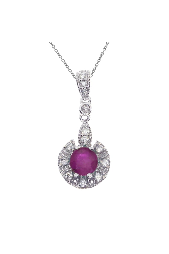14k White Gold Ruby Round Pendant and 18" Chain