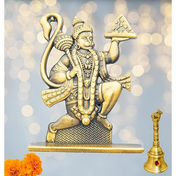 Unique Hanuman ji Idol with Double Sided Design Hanumanji Murti Bajrangbali Statue for Home Temple & Car Dashboard,Office,Gift-Brass Statue for Good Luck & Fortune| (Gold)(Pack of 01)