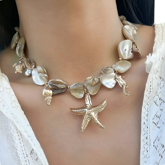 DESIGNICE Sea Shell Starfish Pendant Necklace Statement Thick Necklace Beach Jewelry