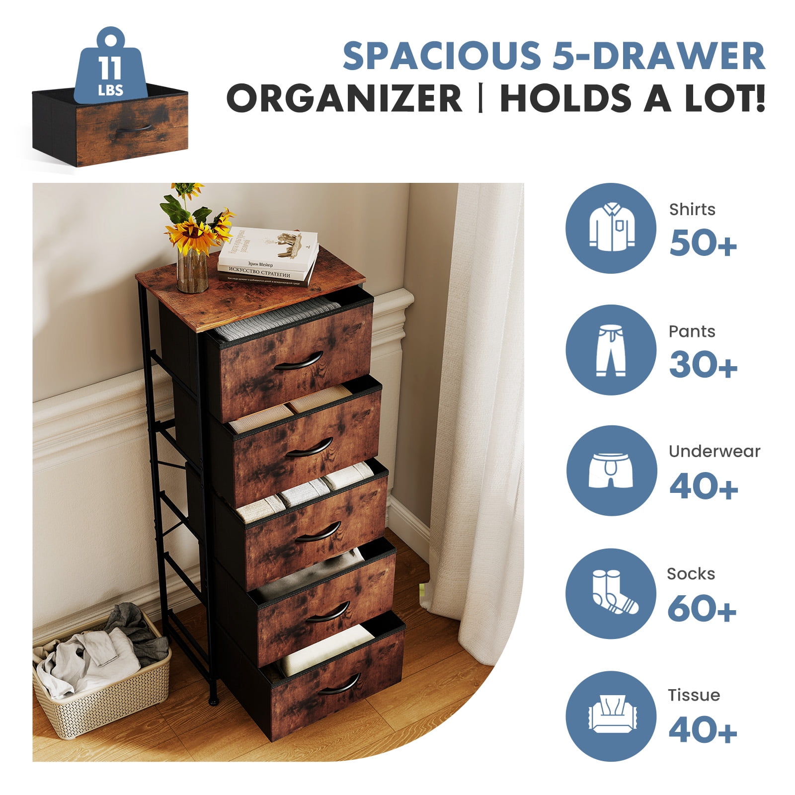 CONCETTA 5 Fabric Storage Cabinet, TV Stand, Clothing Storage, Living Room And Bedroom, Rust