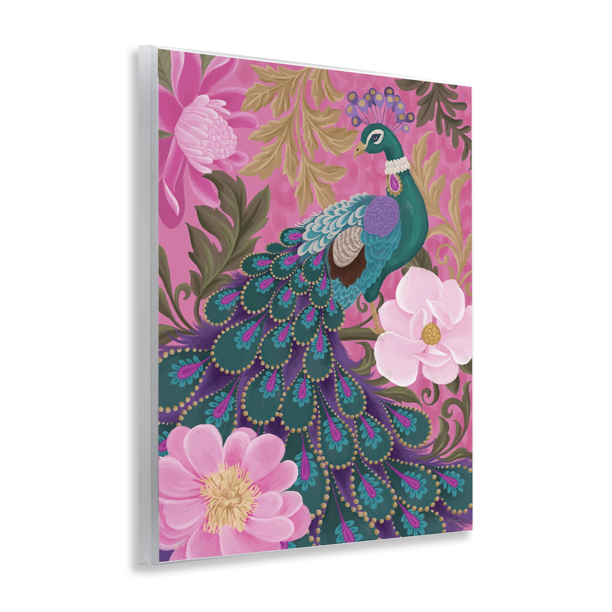 Stupell Industries Peacock & Pink Blossoms Animals & Insects Painting Unframed Art Print Wall Art, 11 x 14