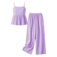 thumbnail image 4 of CCRFTGI Girls Summer Outfits Size 10-12 Cotton Linen 2 Piece Outfits Solid Ruffle Strapless Tube Top and Trouser Girls' Clothing Sets for KIds Purple 9-10 Years, 4 of 6