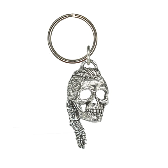 3D Skull Viking With Tattoos Keychain, G140KC, 1 3/4 inch, Viking, Metal, Death, Norse, Pewter, Key Fob, Key Ring, Keys, Zipper Pull, Luggage Tag, Backpack,  Made in USA