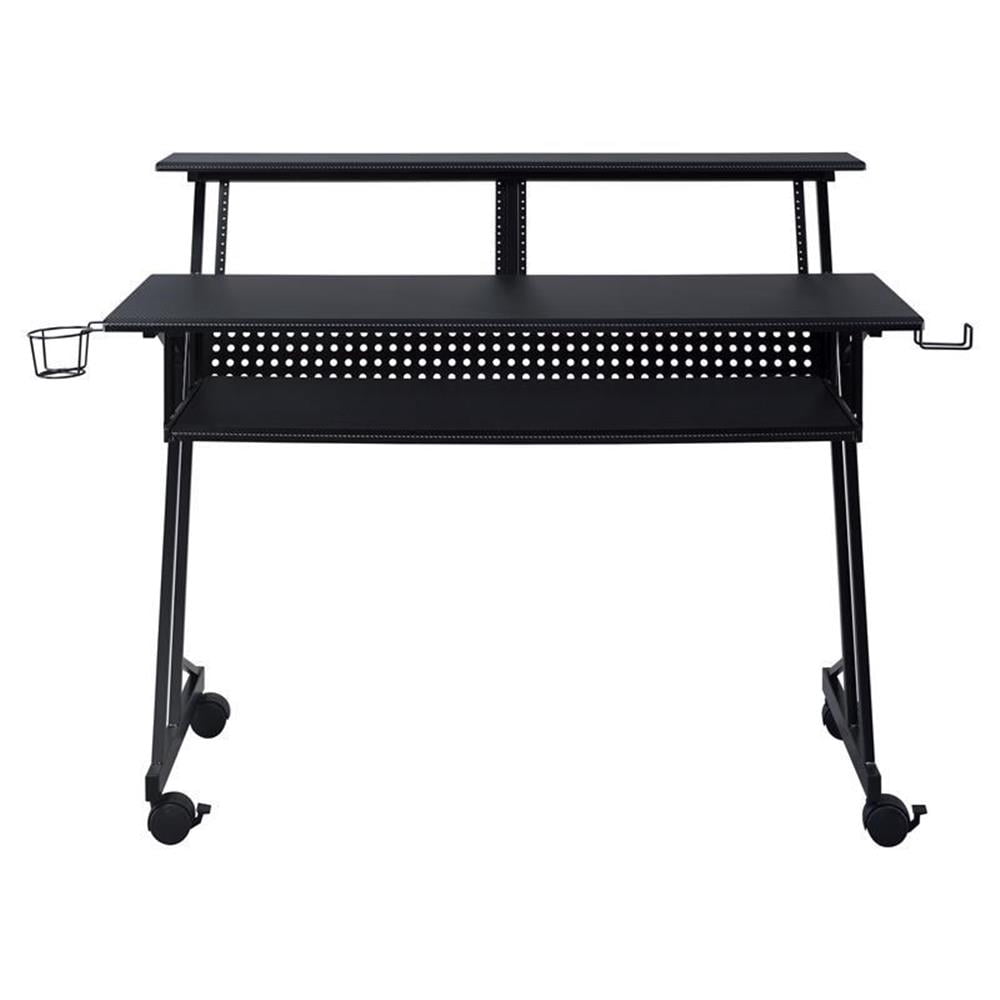 Pemberly Row 1-Shelf Music Recording Studio Desk in Black with 1 Keyboard Tray, 4 Caster Wheels, 1 Cup Holder, 47"L x 27"W x 38"H