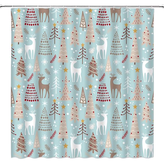 Christmas Shower Curtain Pine Tree Deer Reindeer Snowflake Winter Holiday Xmas Festival Wildlife Beige Blue Small Stall Bathroom Home Curtain with Hooks,36x70 Inch