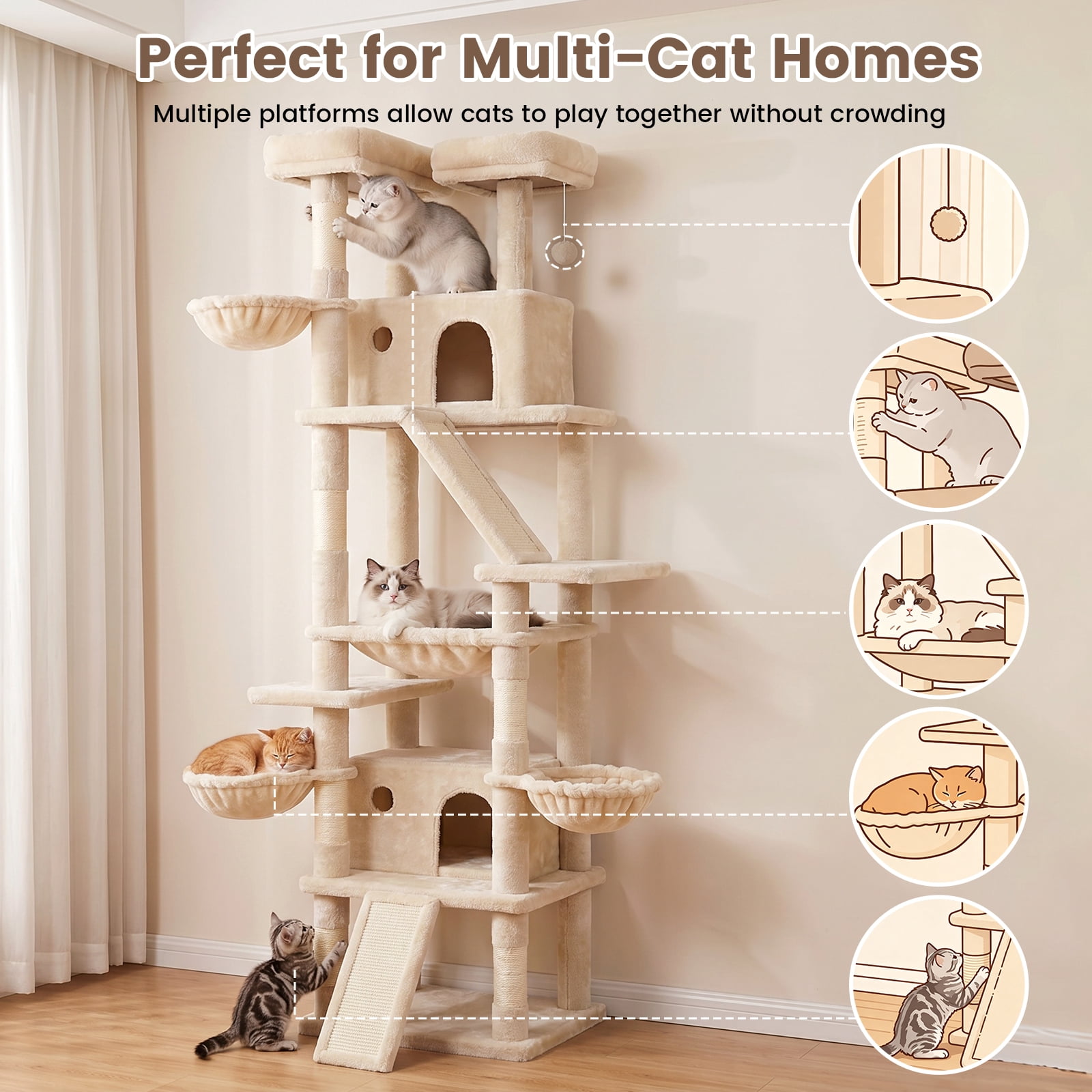CATGOOD 81" Cat Tower, Big Cat Treefor Multiple Adult Cats, Multi-Level Tall Cat Tree with 2 Platforms, 2 Condos, 2 Hanging Basket, Hammock and Scratching Post for Indoor Kitties, Beige
