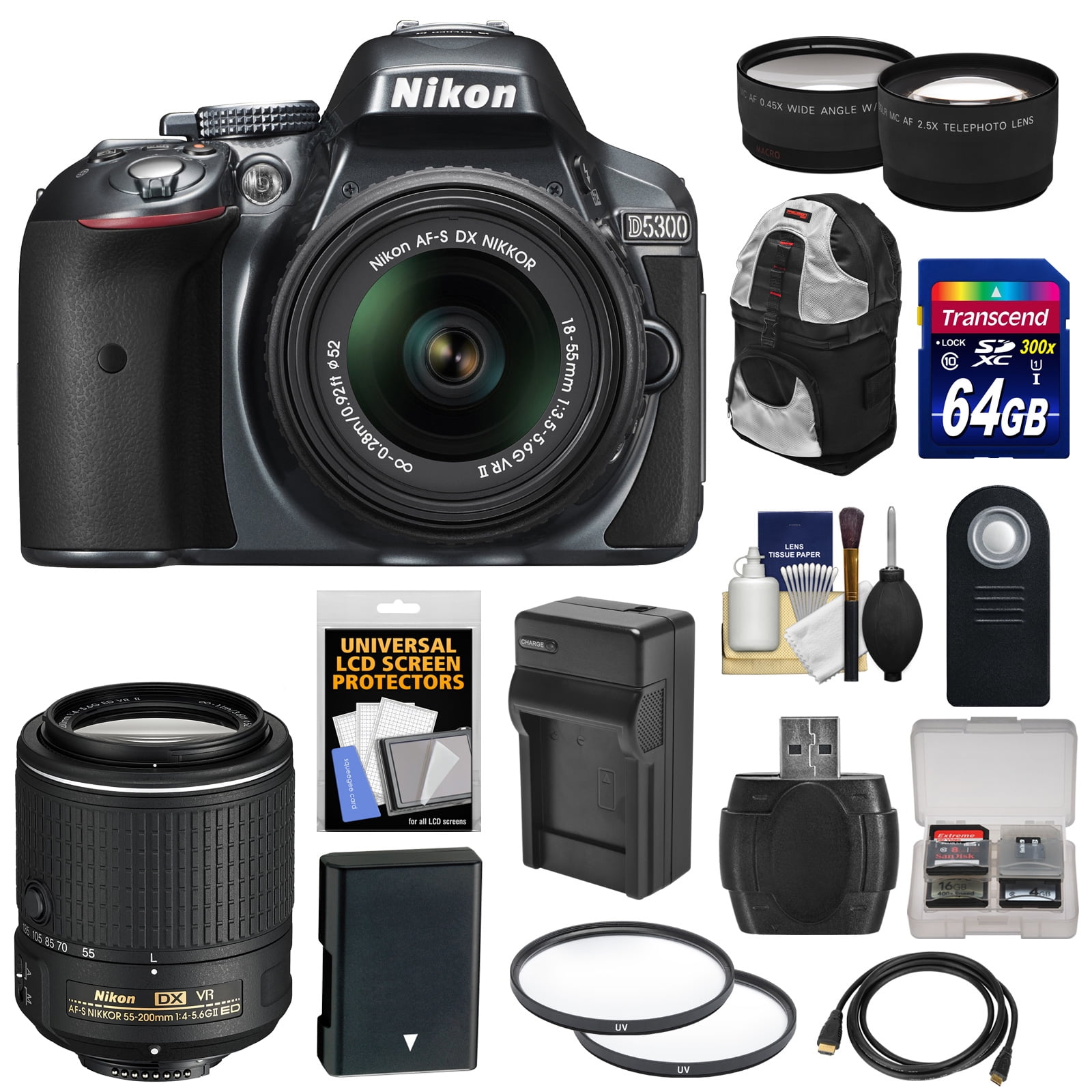 Nikon D5300 Digital SLR Camera u0026 18-55mm G VR II Lens (Grey) with 55-200mm  VR II Lens + 64GB Card + Backpack + Battery u0026 Charger + Tele/Wide Lens Kit